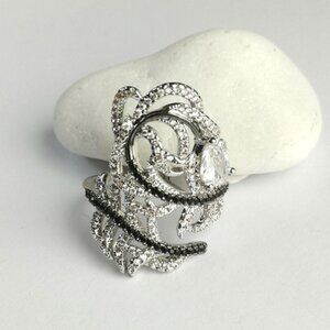 Feather swirl CZ ring 14k white gold overlay Size 8